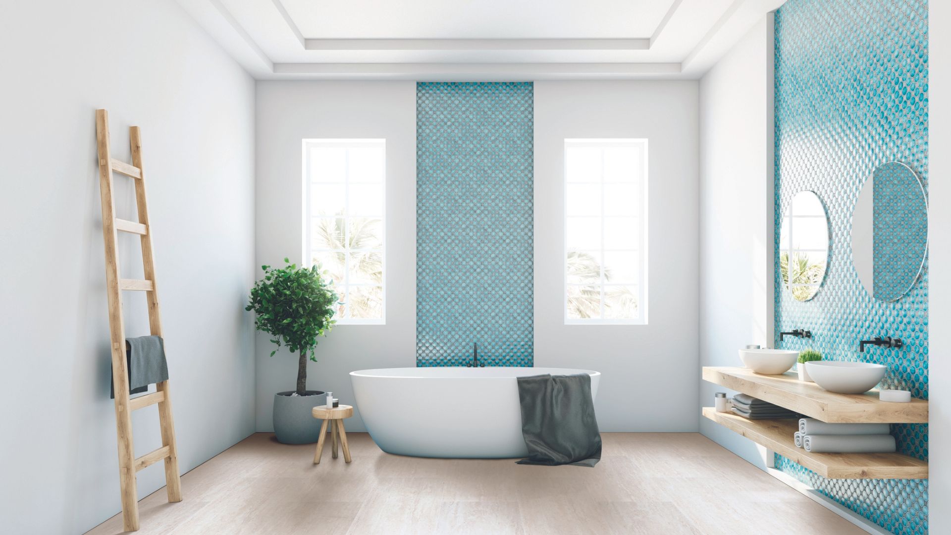 Tile flooring in a modern bathroom.